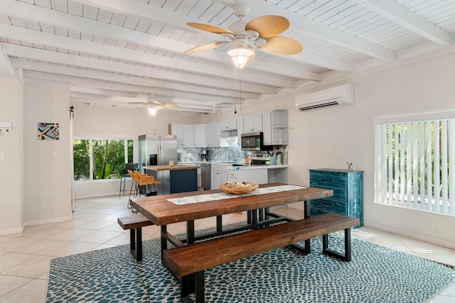 dining room with light tile patterned floors, beamed ceiling, a wall unit AC, and baseboards