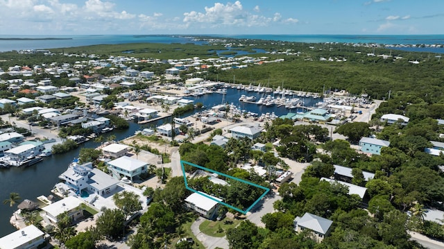 drone / aerial view with a water view