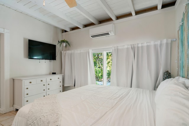 bedroom featuring wood ceiling, a wall unit AC, beamed ceiling, and light tile patterned floors