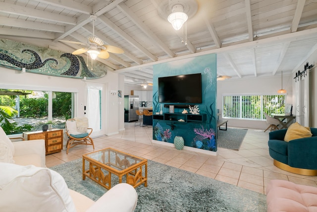 tiled living room featuring wooden ceiling, ceiling fan, lofted ceiling with beams, and baseboards