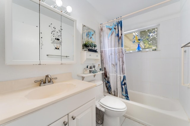 full bathroom featuring tile patterned flooring, vanity, shower / tub combo with curtain, and toilet