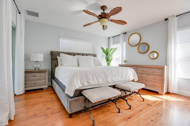 bedroom featuring ceiling fan and light wood-type flooring