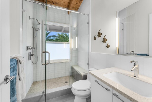 bathroom with vanity, tile walls, toilet, and walk in shower