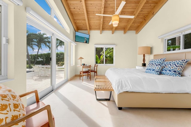 bedroom featuring multiple windows, access to outside, wooden ceiling, and beamed ceiling