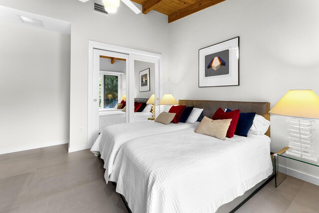 bedroom featuring wood ceiling and beam ceiling