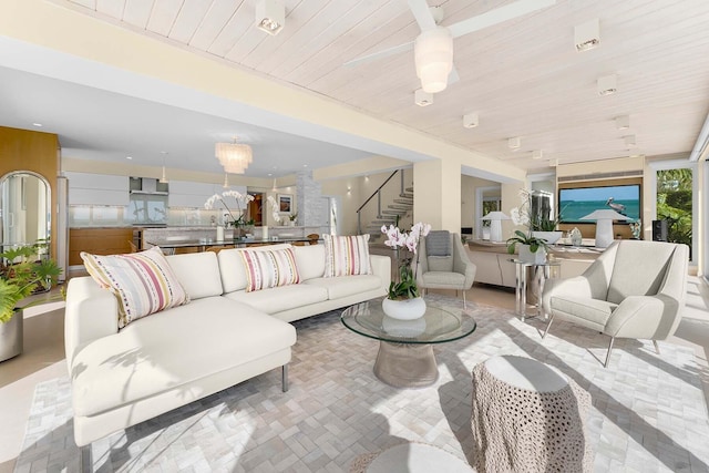 living room with wooden ceiling