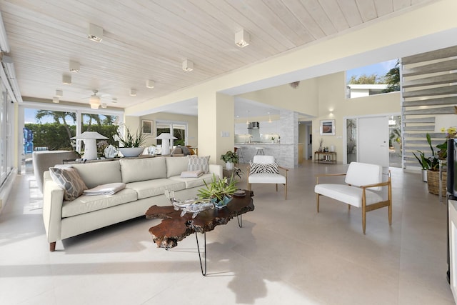 living room with wooden ceiling