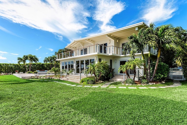 rear view of property featuring a balcony and a yard