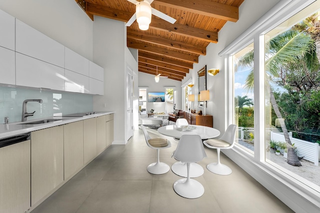 dining room with sink, high vaulted ceiling, wooden ceiling, beamed ceiling, and ceiling fan