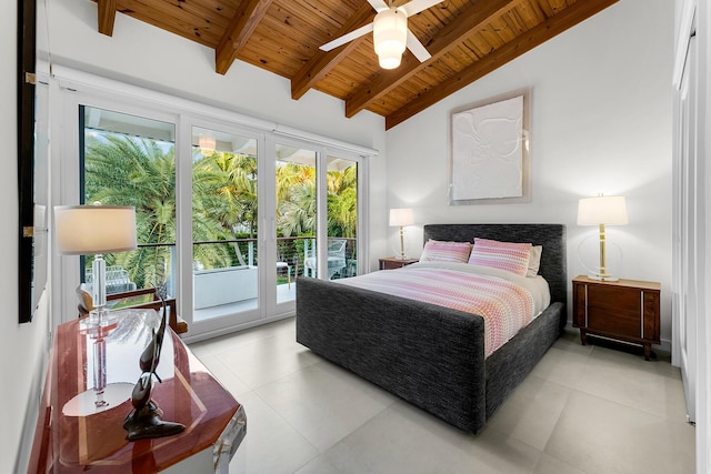 tiled bedroom featuring wooden ceiling, lofted ceiling with beams, and access to outside