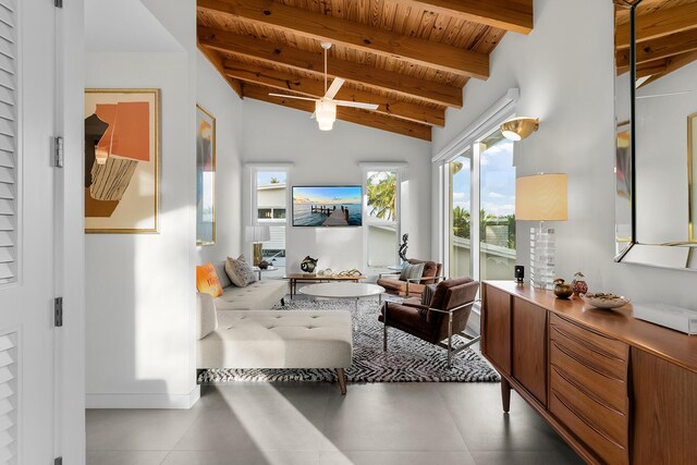 living room featuring lofted ceiling with beams and wooden ceiling