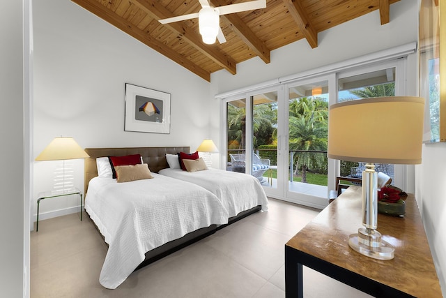 bedroom featuring beamed ceiling, access to exterior, high vaulted ceiling, and wooden ceiling