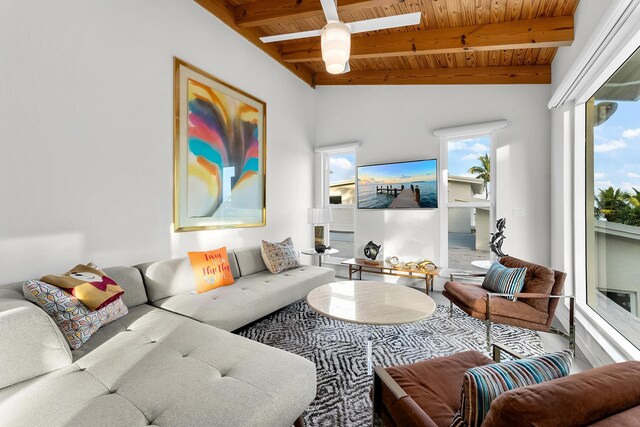 living room with vaulted ceiling with beams, wood ceiling, a healthy amount of sunlight, and ceiling fan