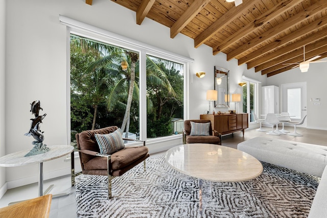 sitting room featuring lofted ceiling with beams, a wealth of natural light, and wooden ceiling