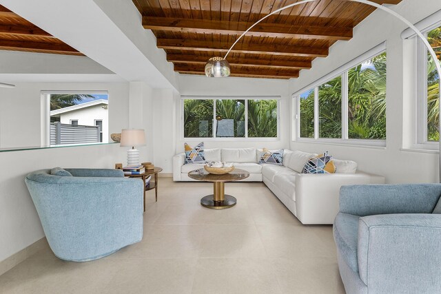 sunroom / solarium featuring wooden ceiling and beam ceiling