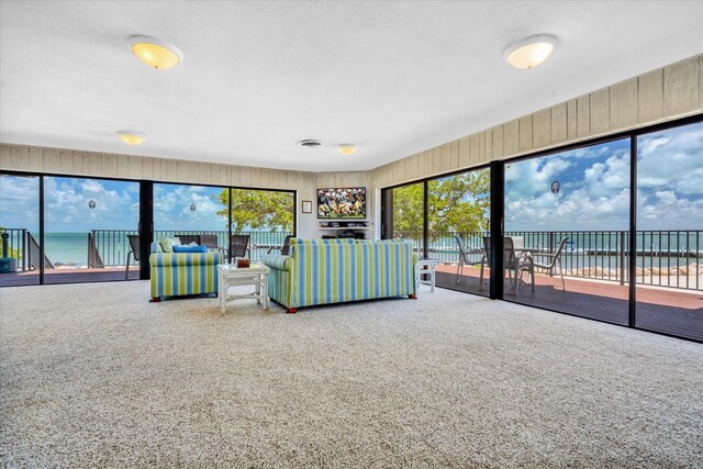 unfurnished living room with a water view, a textured ceiling, carpet, and wood walls