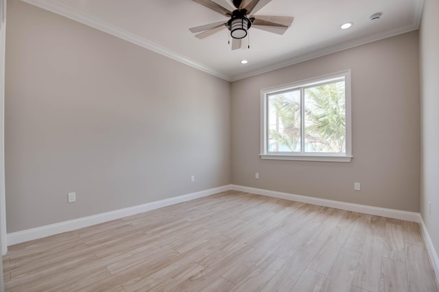 23066 Tarpon Ln, Cudjoe, FL 33042 - empty room featuring baseboards, light wood finished floors, ceiling fan, crown molding, and recessed lighting