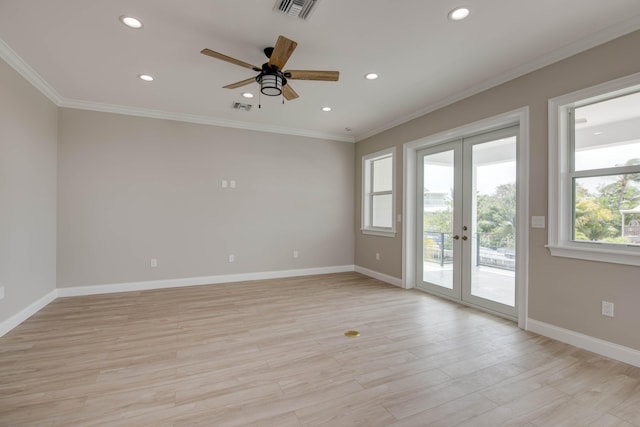 23066 Tarpon Ln, Cudjoe, FL 33042 - unfurnished room with recessed lighting, french doors, ornamental molding, a ceiling fan, and baseboards