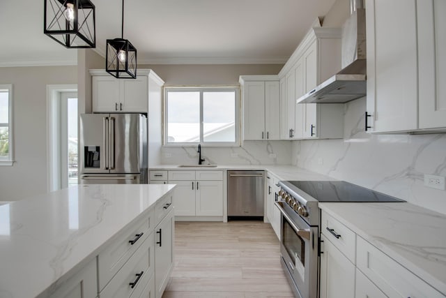23066 Tarpon Ln, Cudjoe, FL 33042 - kitchen featuring appliances with stainless steel finishes, wall chimney exhaust hood, a sink, white cabinets, and ornamental molding