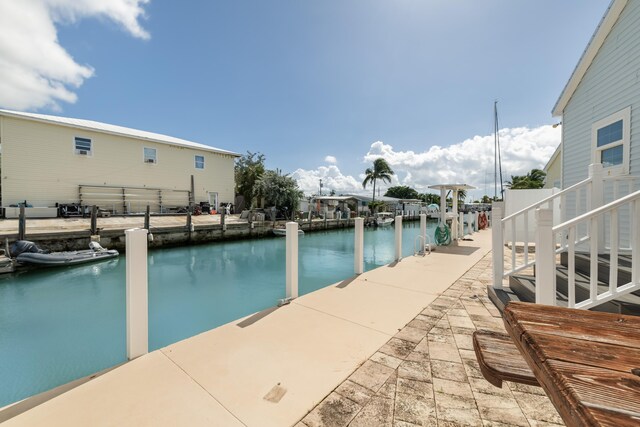 view of swimming pool featuring a boat dock and a water view