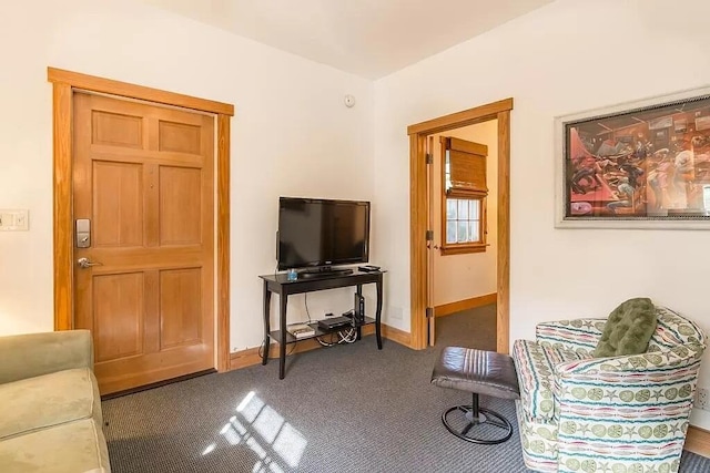 living room featuring dark carpet