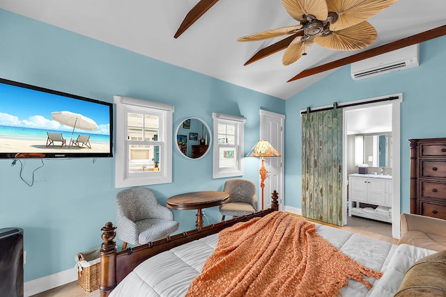 bedroom featuring a wall mounted air conditioner, lofted ceiling with beams, ceiling fan, a barn door, and ensuite bath