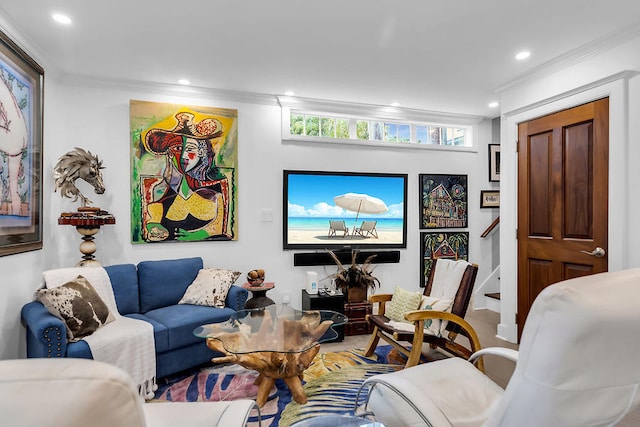 living room with crown molding