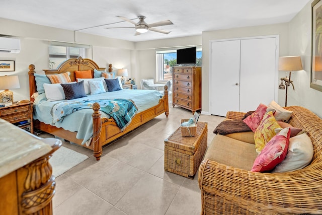 175 Galleon Rd, Islamorada, FL 33036 - bedroom featuring an AC wall unit, light tile patterned floors, and a ceiling fan