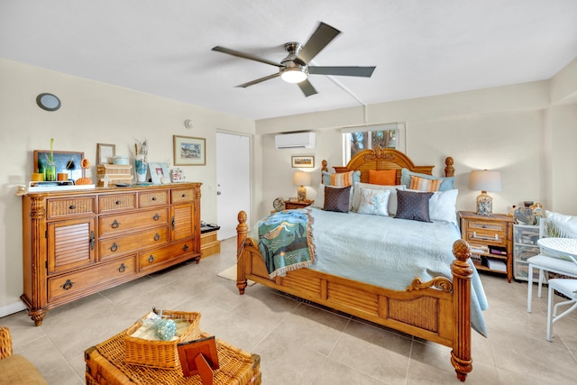 175 Galleon Rd, Islamorada, FL 33036 - bedroom with a wall unit AC, light tile patterned flooring, and ceiling fan