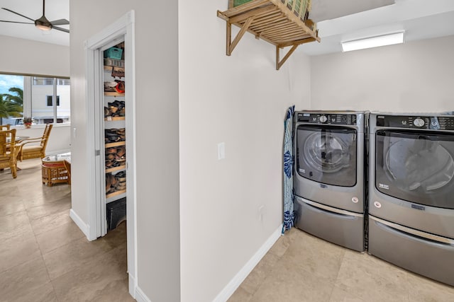 175 Galleon Rd, Islamorada, FL 33036 - washroom featuring washer and dryer, a ceiling fan, and tile patterned floors