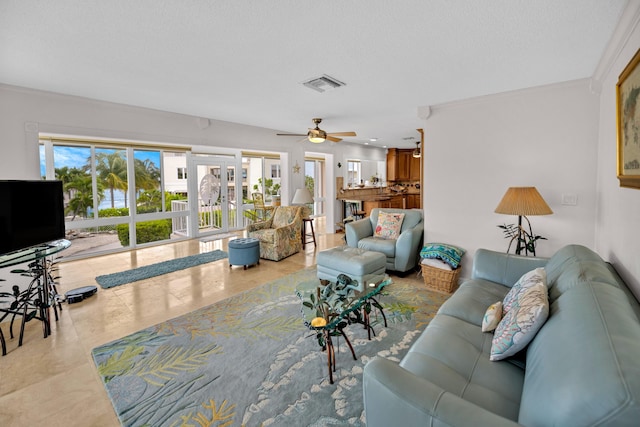 175 Galleon Rd, Islamorada, FL 33036 - tiled living area featuring ornamental molding and a ceiling fan