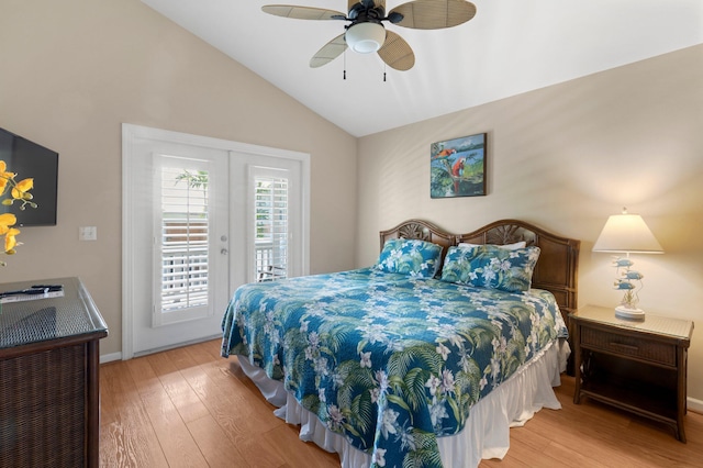 bedroom with access to exterior, french doors, lofted ceiling, light wood-style floors, and a ceiling fan