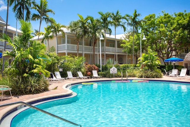 community pool with a patio area