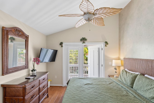 bedroom featuring ceiling fan, baseboards, vaulted ceiling, access to exterior, and light wood-type flooring