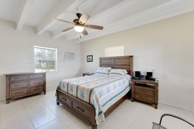 bedroom featuring light tile patterned floors, a wall unit AC, beamed ceiling, and ceiling fan