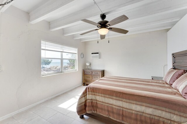 bedroom featuring ceiling fan, an AC wall unit, and beamed ceiling