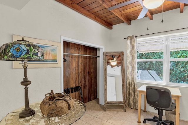 tiled office with ceiling fan, wood ceiling, and beamed ceiling