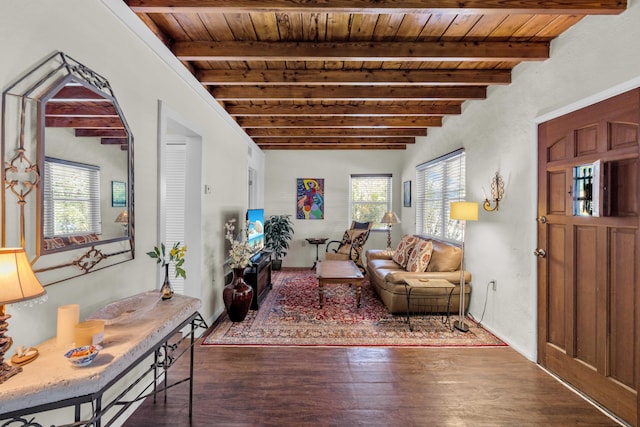 living room featuring dark hardwood / wood-style flooring, beam ceiling, and wooden ceiling