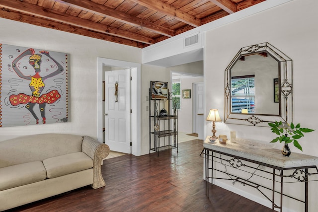 living room with dark wood-type flooring, wooden ceiling, and beam ceiling