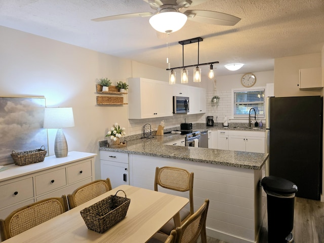 kitchen featuring tasteful backsplash, white cabinets, a peninsula, stainless steel appliances, and a sink