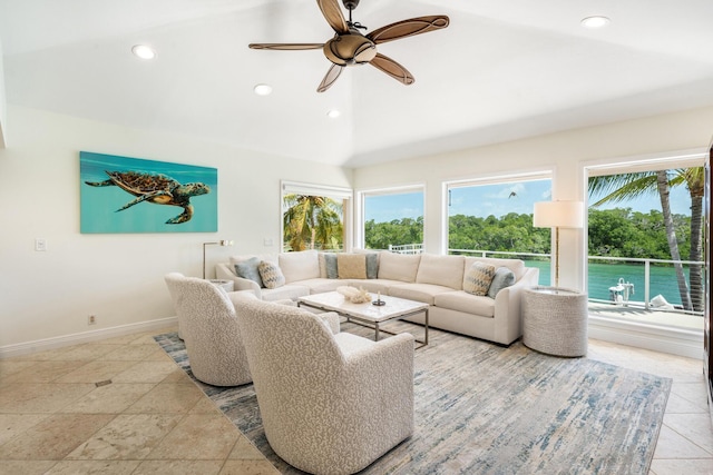 living room with vaulted ceiling, baseboards, recessed lighting, and a ceiling fan
