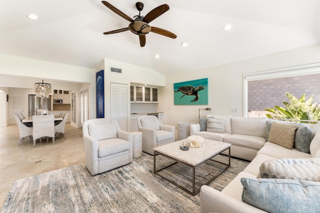 living area featuring lofted ceiling, a chandelier, ceiling fan, and recessed lighting