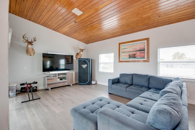 living room featuring vaulted ceiling, wooden ceiling, and light wood-type flooring