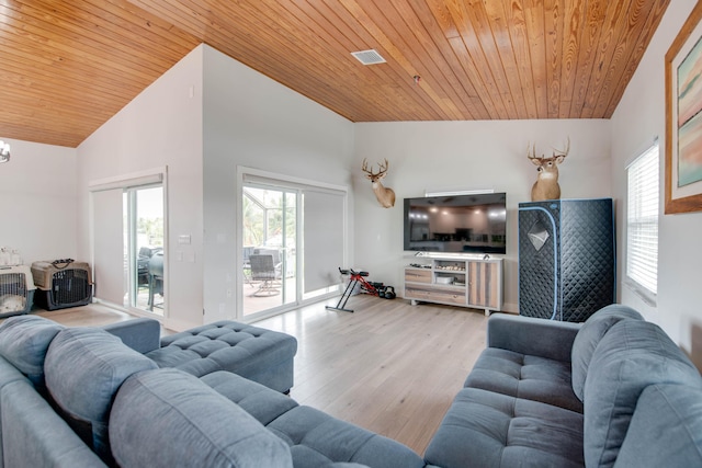 living room featuring wood ceiling, high vaulted ceiling, and light wood-type flooring