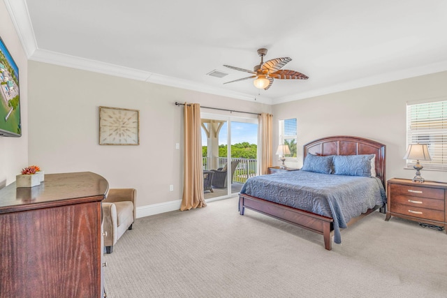 2394 Coco Plum Dr Unit 2, Marathon, FL 33050 - bedroom with access to exterior, ornamental molding, multiple windows, light colored carpet, and a ceiling fan