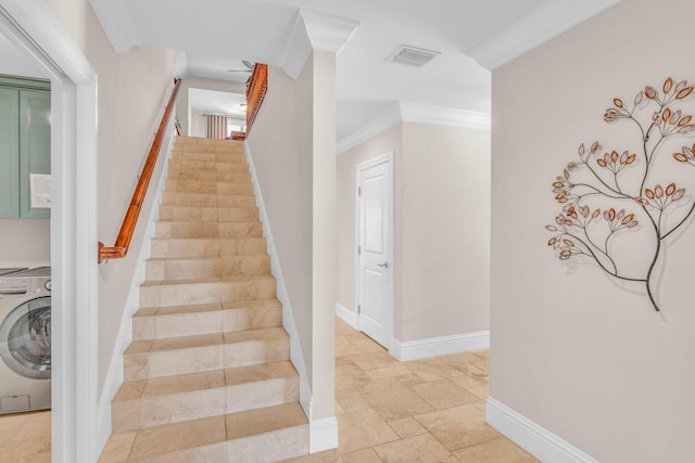 2394 Coco Plum Dr Unit 2, Marathon, FL 33050 - stairs with washer / dryer, ornamental molding, and stone tile flooring