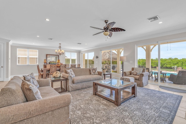 2394 Coco Plum Dr Unit 2, Marathon, FL 33050 - living area with crown molding, recessed lighting, a chandelier, and a ceiling fan