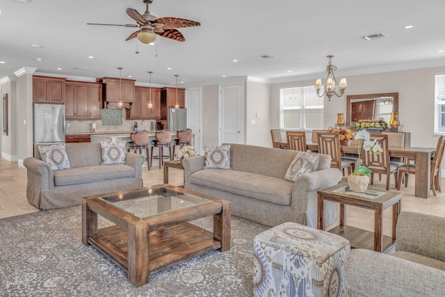 2394 Coco Plum Dr Unit 2, Marathon, FL 33050 - living room with ceiling fan, a chandelier, recessed lighting, and crown molding