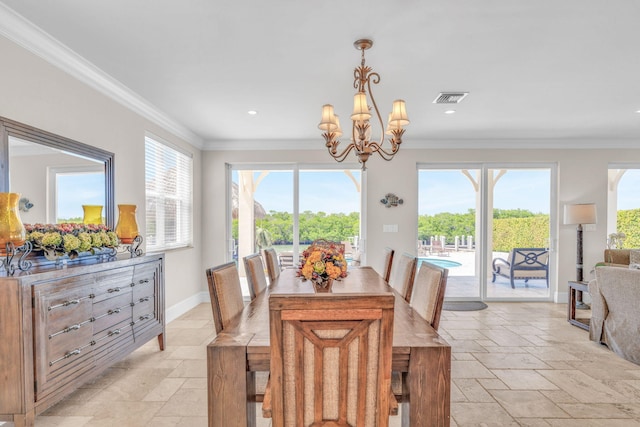 2394 Coco Plum Dr Unit 2, Marathon, FL 33050 - dining area featuring stone tile floors, ornamental molding, a chandelier, healthy amount of natural light, and recessed lighting