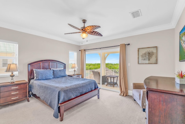 2394 Coco Plum Dr Unit 2, Marathon, FL 33050 - bedroom with light carpet, access to outside, crown molding, and ceiling fan